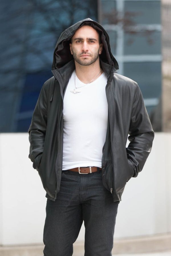 Dapper zip up leather jacket with hoodie - Image 6