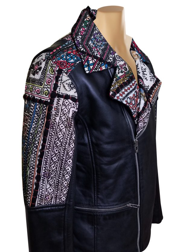 Bohemian Leather jacket with Tribal Hand Embroidered Fabric - Image 3