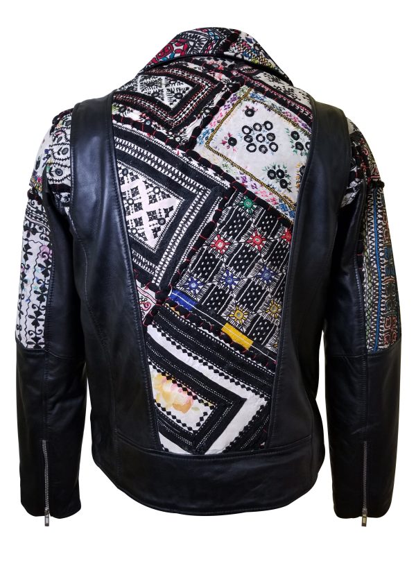 Bohemian Leather jacket with Tribal Hand Embroidered Fabric - Image 4