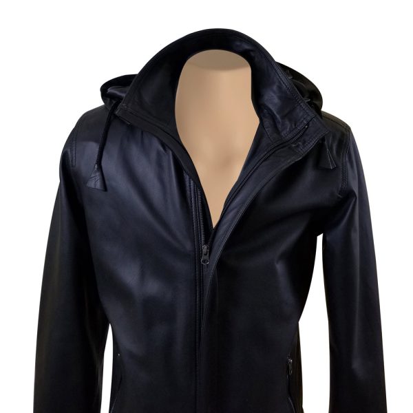 Dapper zip up leather jacket with hoodie - Image 5