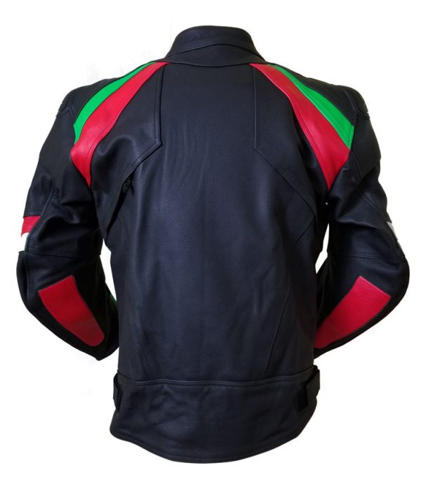 Red, Green and Black Motorcycle Leather Jacket with armor protection - Image 3