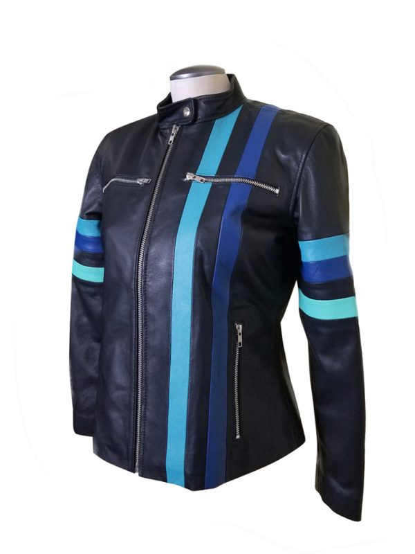 Kerri’s Moto Style Leather Jacket With Blue Stripes - Image 3