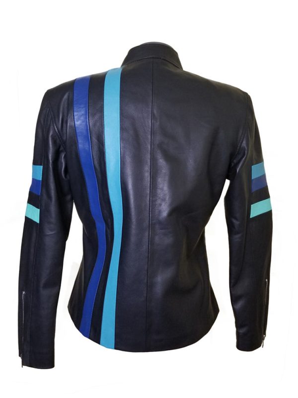 Kerri’s Moto Style Leather Jacket With Blue Stripes - Image 4