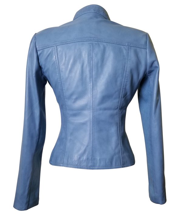 Erna Sky Blue Leather Jacket With Stretch Ribbing - Image 4