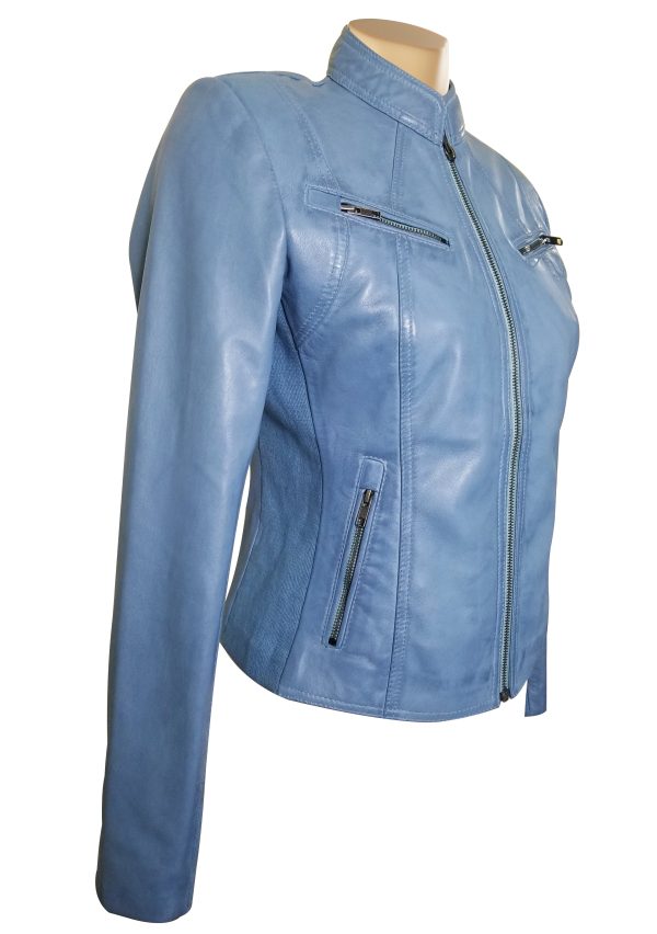 Erna Sky Blue Leather Jacket With Stretch Ribbing - Image 3