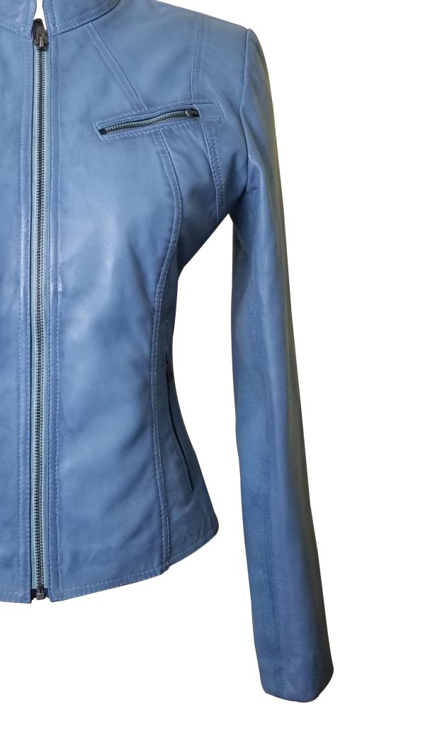 Erna Sky Blue Leather Jacket With Stretch Ribbing - Image 5