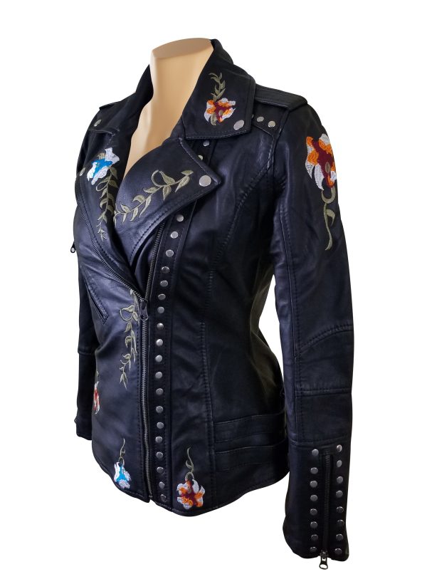 Flowery Embroidered Leather Jacket With Studs - Image 3