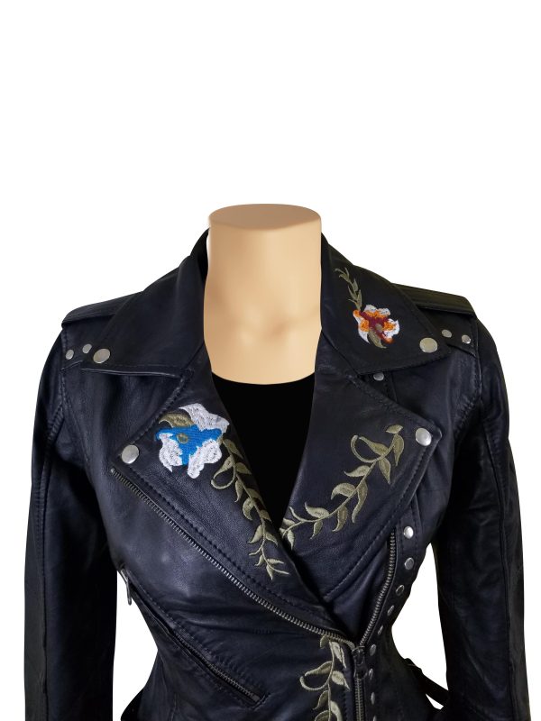 Flowery Embroidered Leather Jacket With Studs - Image 4