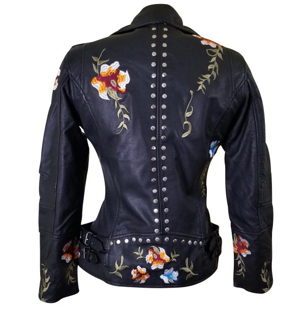 Flowery Embroidered Leather Jacket With Studs - Image 5