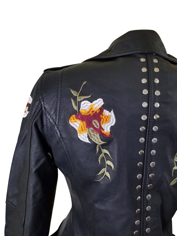 Flowery Embroidered Leather Jacket With Studs - Image 6