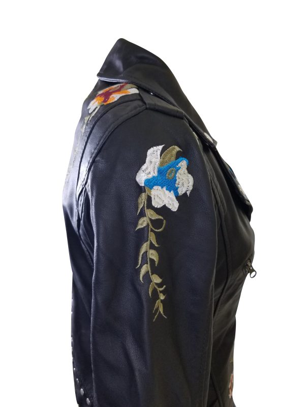 Flowery Embroidered Leather Jacket With Studs - Image 7