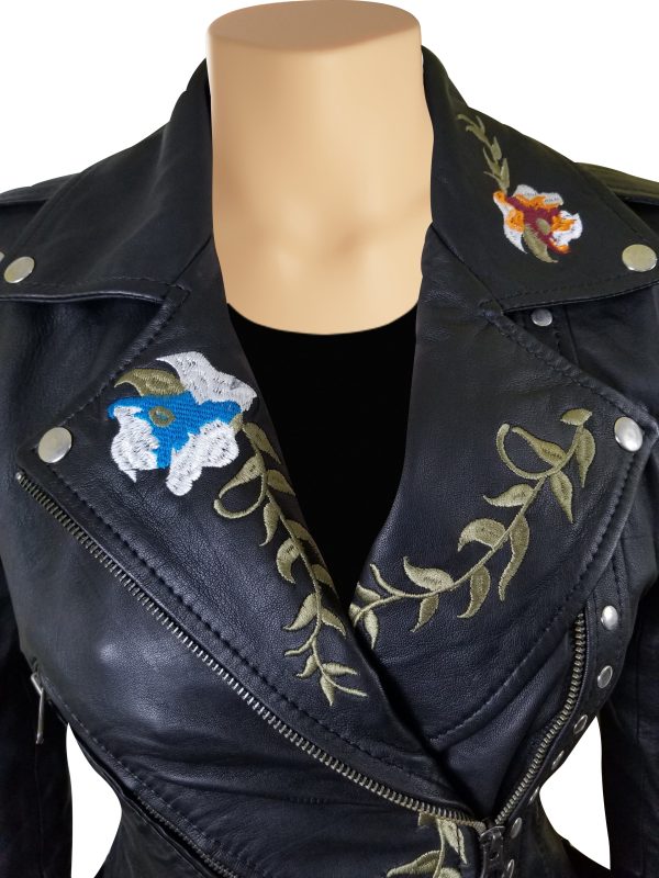 Flowery Embroidered Leather Jacket With Studs - Image 8