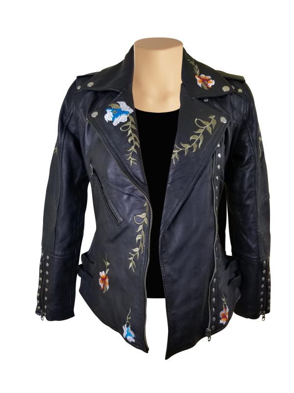 Flowery Embroidered Leather Jacket With Studs - Image 9