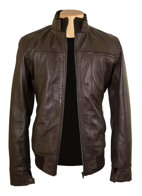 Brown leather jacket with straight ribbed collar, cuffs and hem - Image 5