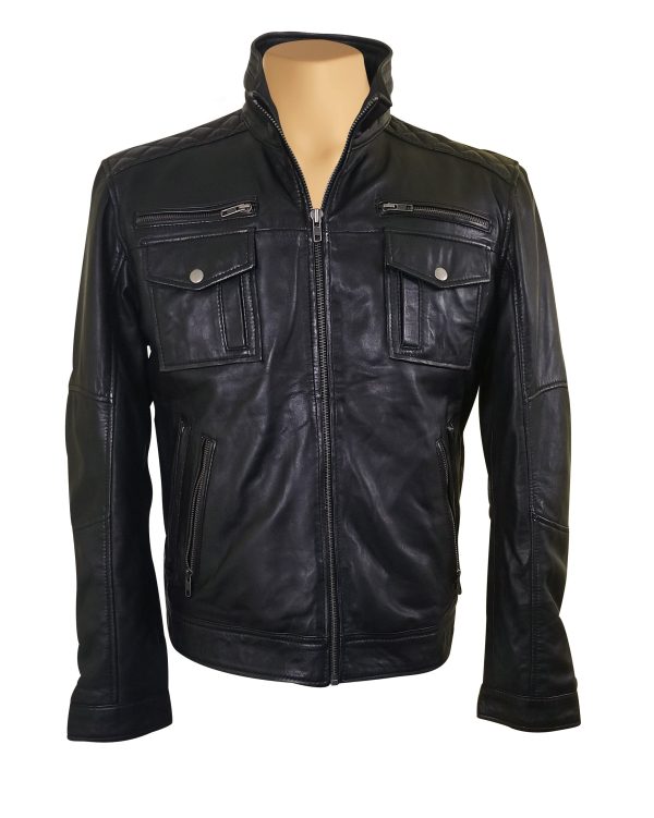 Benson zip up leather jacket with flap pockets - Image 3