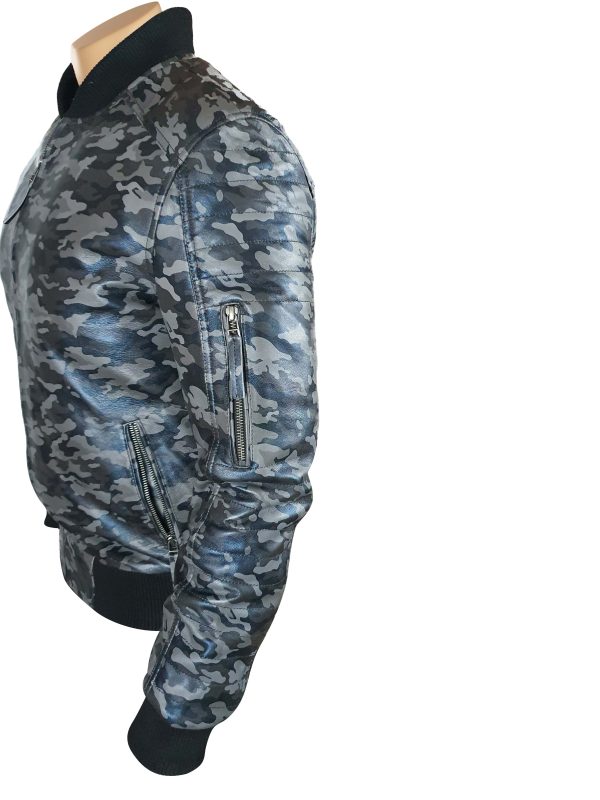 Bomber Grey Camouflage Military print leather jacket - Image 3