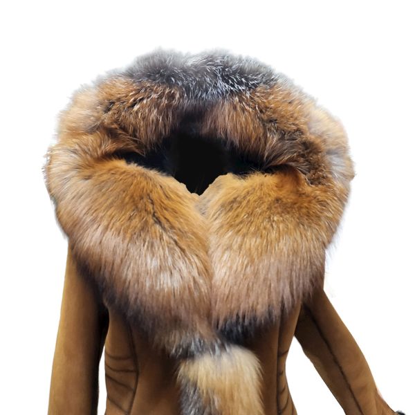 Chantal's Tan Shearling coat with large fox fur hoodie and trim - Image 7