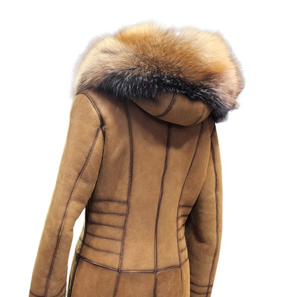 Chantal's Tan Shearling coat with large fox fur hoodie and trim - Image 9