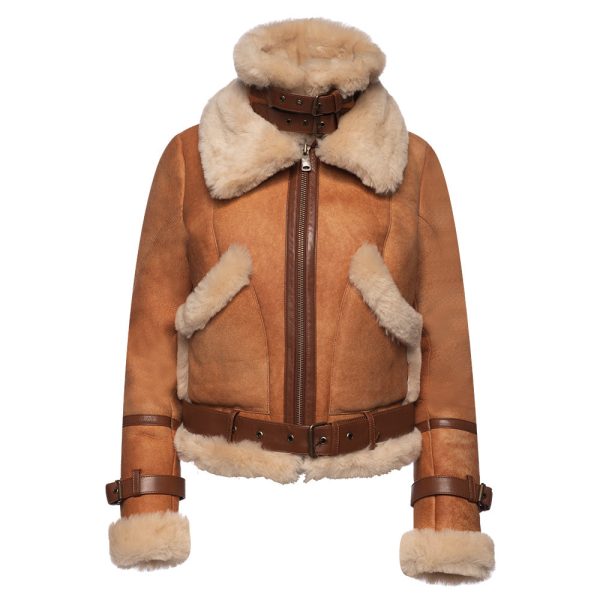 Kristy Vintage Cognac Womens Crop Shearling Bomber Jacket - Image 4