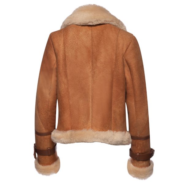 Kristy Vintage Cognac Womens Crop Shearling Bomber Jacket - Image 5