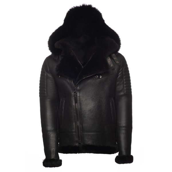 Lucas Black Aviator bomber shearling jacket with Hoodie - Image 5