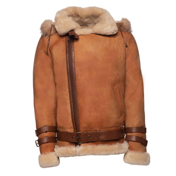 Rocco Vintage Cognac Aviator bomber shearling jacket with Fox trim hoodie - Image 6