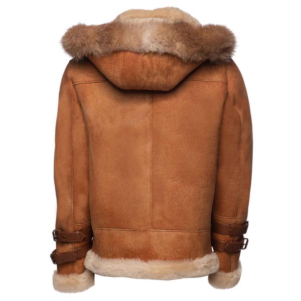 Rocco Vintage Cognac Aviator bomber shearling jacket with Fox trim hoodie - Image 7