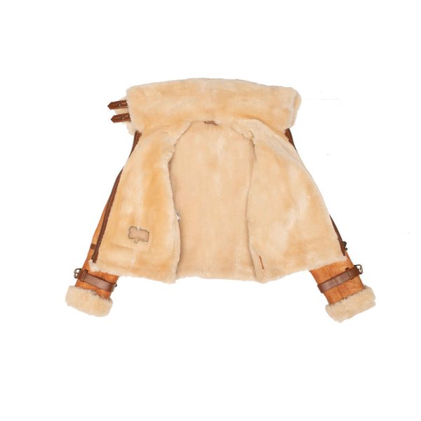 Kristy Vintage Cognac Womens Crop Shearling Bomber Jacket - Image 11