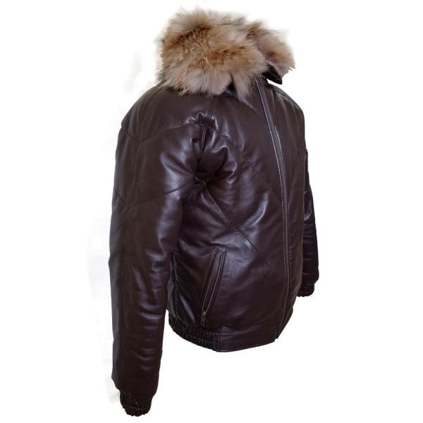 Brown V-Bomber style Puffer Winter Leather Jacket with fur collar - Image 5