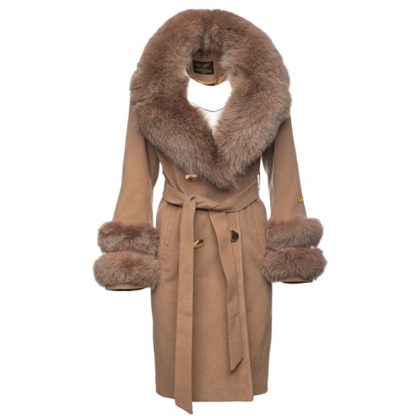 Aria Beige Chic long cashmere blend coat with fox fur