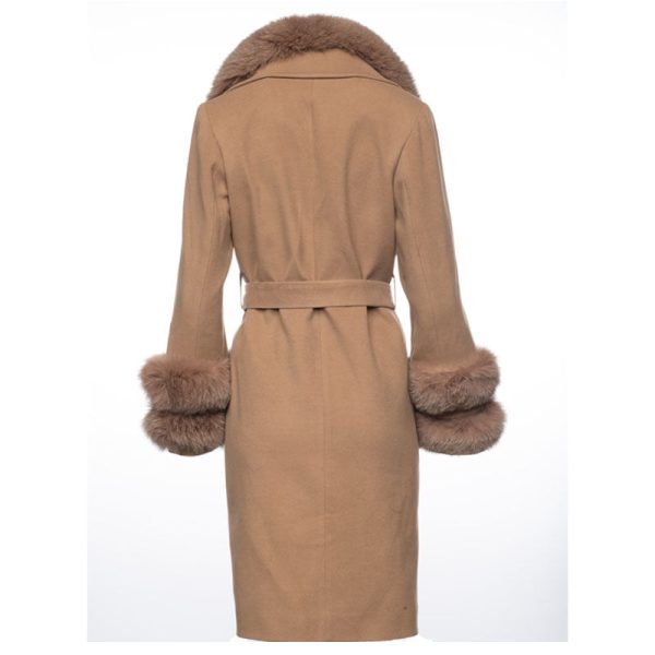 Aria Beige Chic long cashmere blend coat with fox fur - Image 2