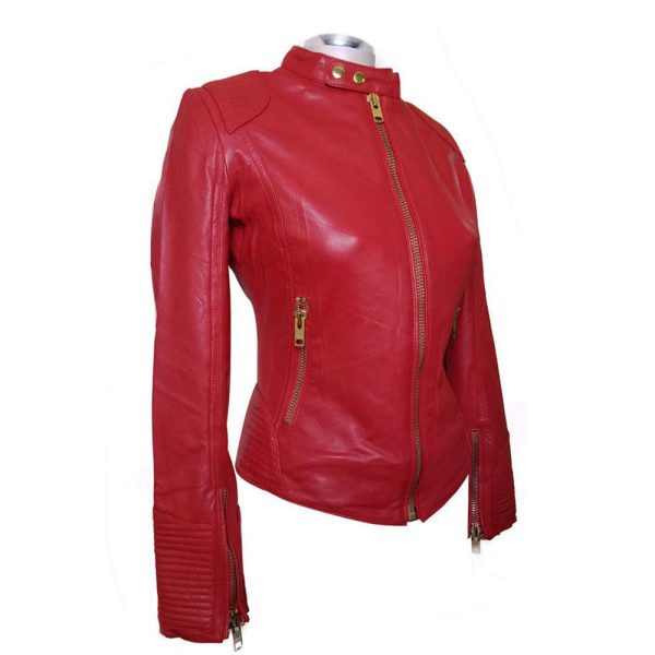 Kirby’s Red Leather Jacket With Buttoned Collar - Image 2