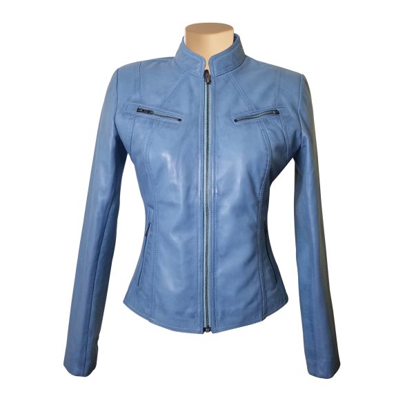 Erna Sky Blue Leather Jacket With Stretch Ribbing