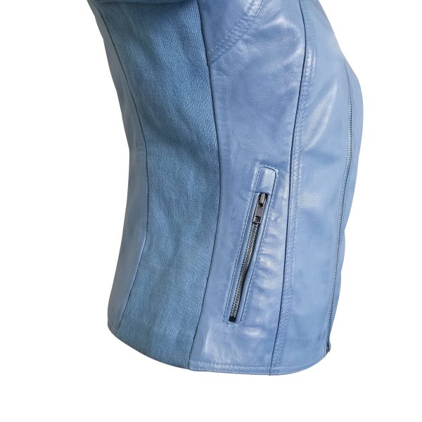 Erna Sky Blue Leather Jacket With Stretch Ribbing - Image 2