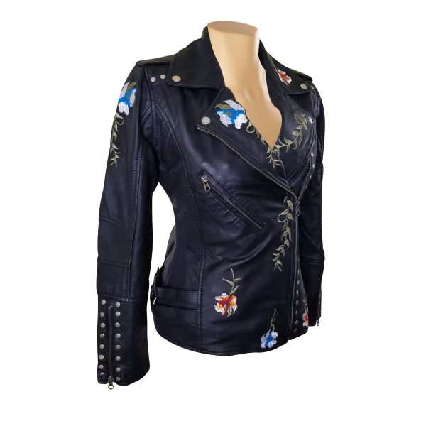 Flowery Embroidered Leather Jacket With Studs - Image 2