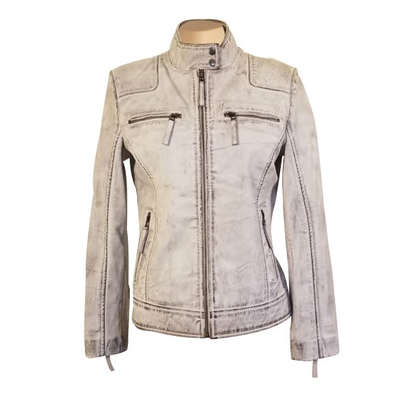 Burnished Ivory Leather Jacket With Band Collar