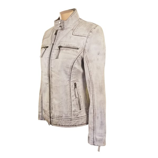 Burnished Ivory Leather Jacket With Band Collar - Image 2