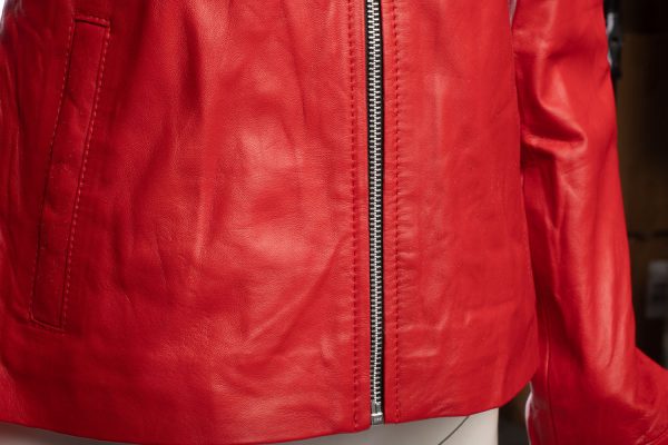 Palmyra Rose Red Leather Jacket With Fur Collar - Image 4