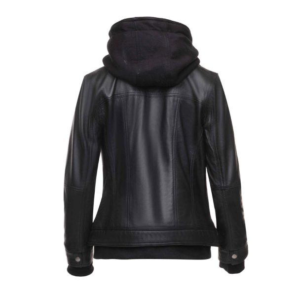 Daphne Black Leather Jacket With Fleece Hoodie - Image 5