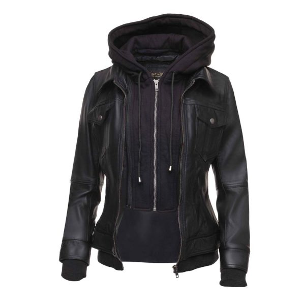 Daphne Black Leather Jacket With Fleece Hoodie - Image 2