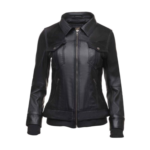 Daphne Black Leather Jacket With Fleece Hoodie - Image 3