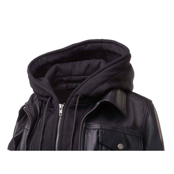 Daphne Black Leather Jacket With Fleece Hoodie - Image 6