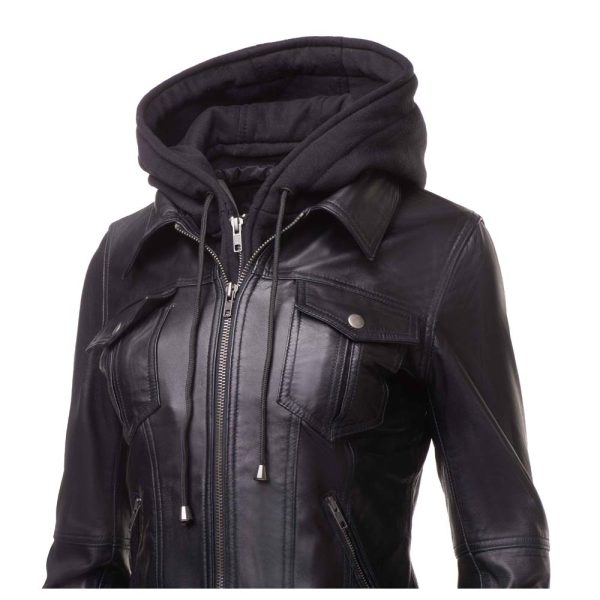 Daphne Black Leather Jacket With Fleece Hoodie - Image 4