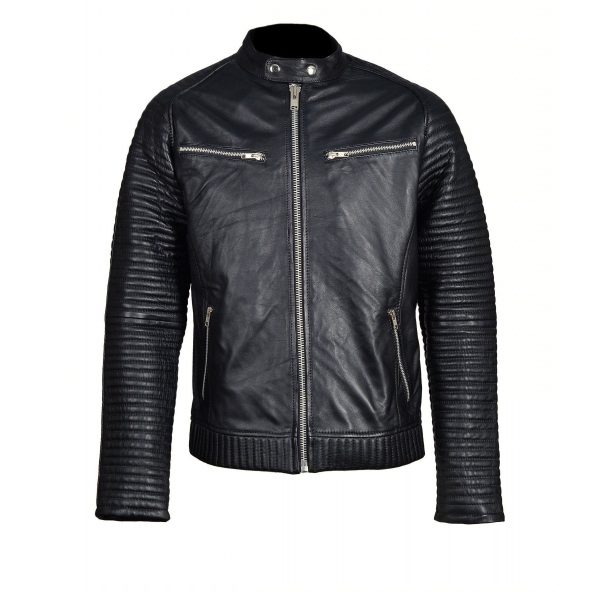 Haworths moto style leather jacket with ribbed stitched sleeves