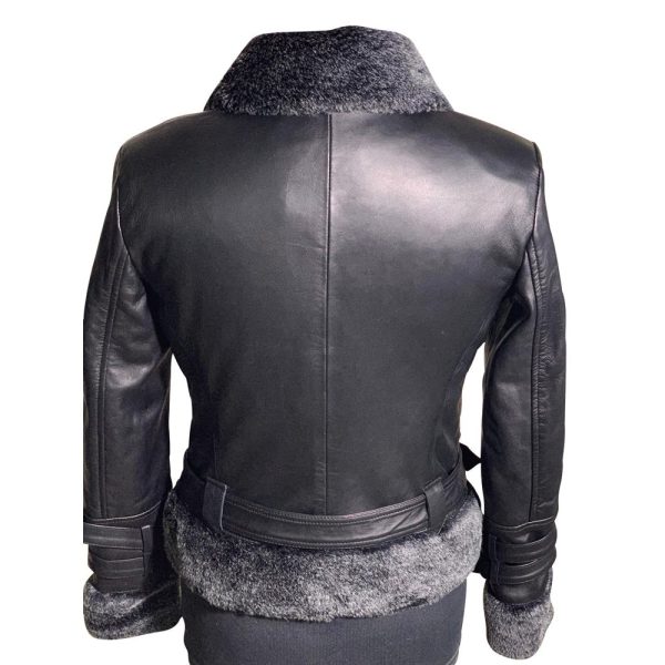 Janey Black Leather Jacket with fur collar and hem - Image 2