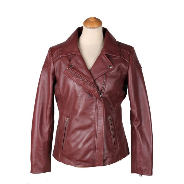 Ayla’s Women’s Burgundy Biker Style Jacket With Double Lapels