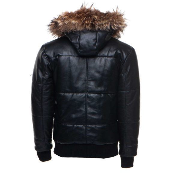 Traynor's Puffer Winter Leather Jacket with ribbed cuffs and waist and fur trim hoodie - Image 2