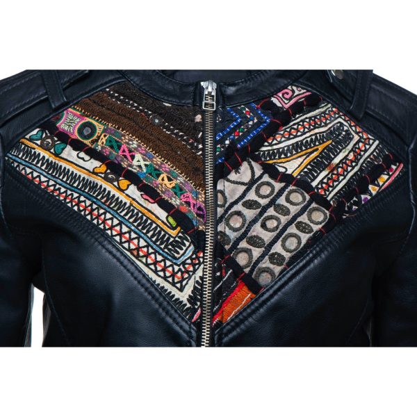 Delilah’s Bohemian Chic Leather Jacket With Tribal Hand Embroidered Fabric - Image 2