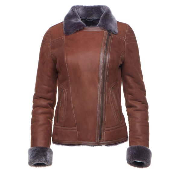 Reyna's Tan Sheepskin Shearling B-3 Bomber Style Jacket - Image 2