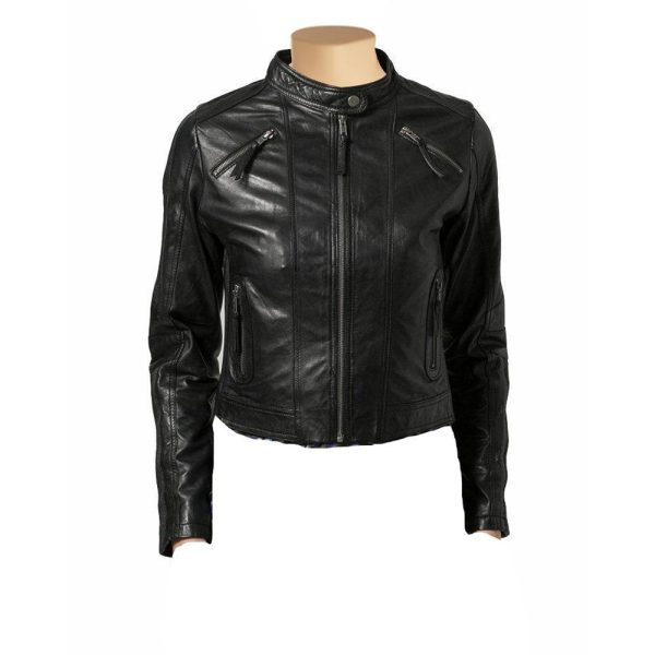 Women’s Cropped Café Racer Leather Jacket With Band Collar